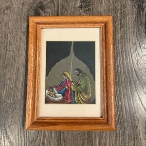 Framed Vintage Peepal Leaf Painting India Nativity Mary Joseph Jesus Religious